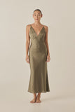 Fern Olive Silky Satin Long Chemise