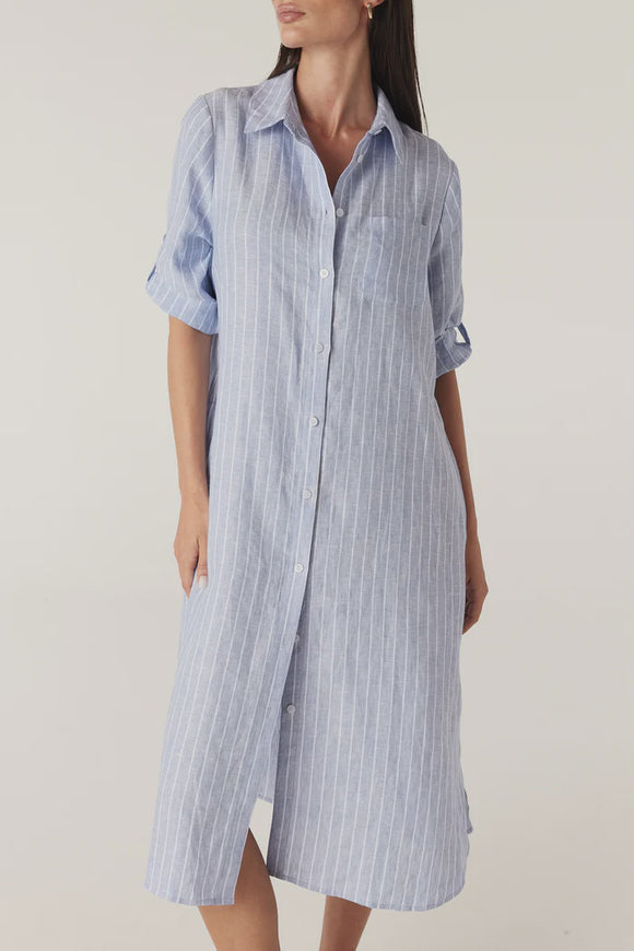 Pure Linen Shirt Dress / Blue Pinstripe