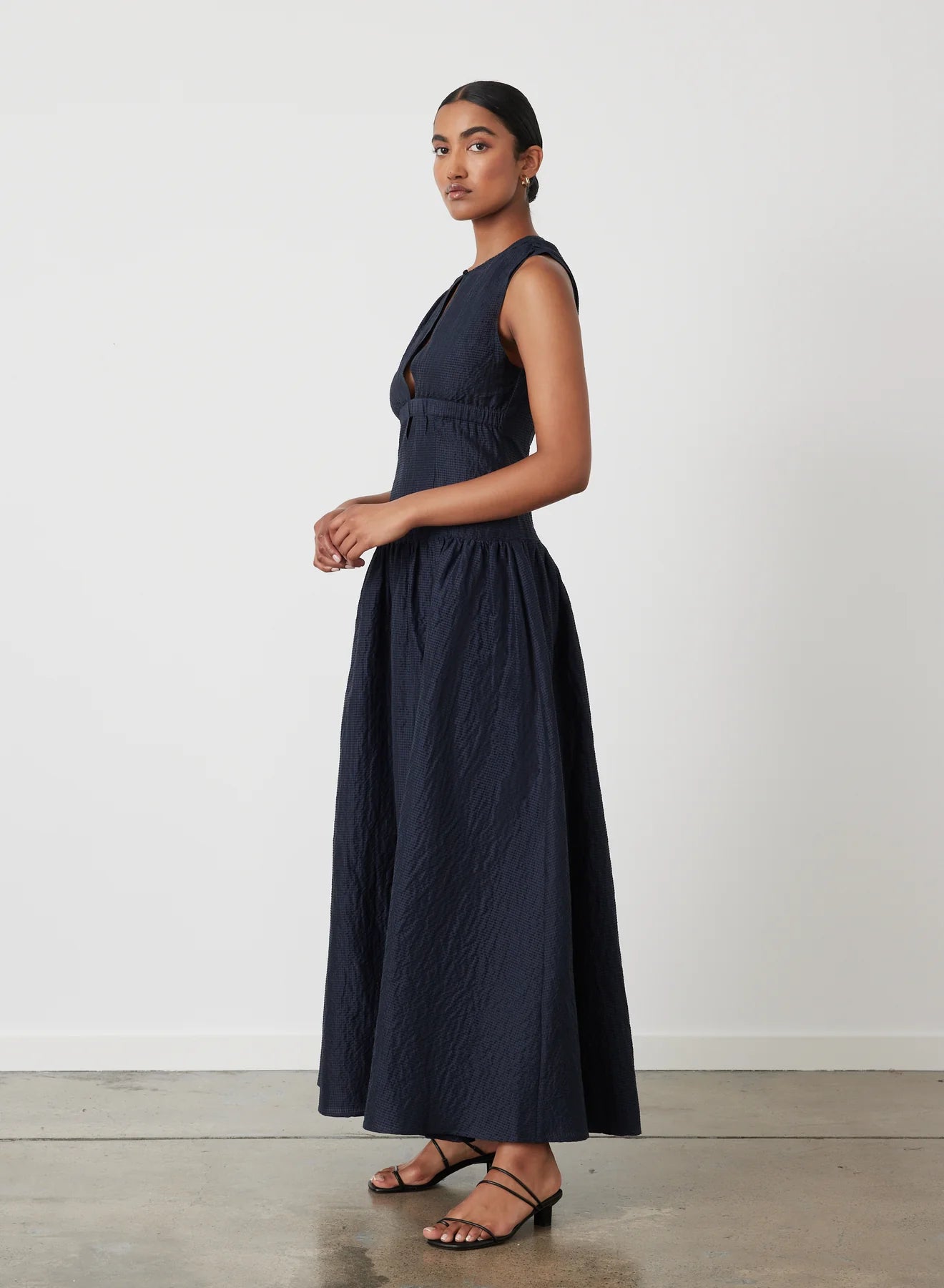 maxi dress long sleeve blue Kaitlin One Shoulder Slinky And Mesh Maxi Dress